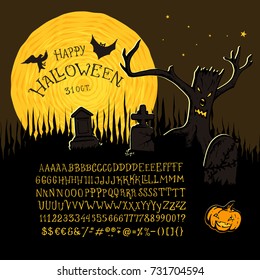 Happy Halloween font. Hand crafted retro vintage typeface design. Original handmade textured lettering type alphabet on navy background. Authentic handwritten font, vector graphics letters.