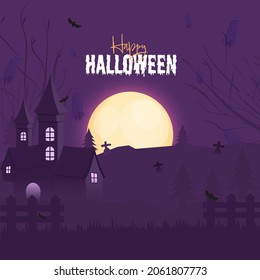 Happy Halloween Font With Haunted House On Full Moon Purple Cemetery Background.