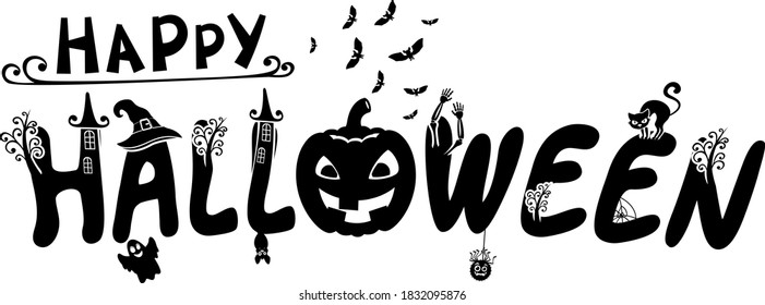 Happy halloween font with holiday elements on white