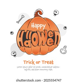 Happy Halloween Font With Pumpkin Illustration On White Background For Trick Or Treat.