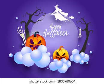 Happy Halloween Font with Silhouette Witch Flying at Broom, Jack-O-Lanterns, Skeleton Hands, Bare Trees and Glossy Clouds Decorated Purple Background.