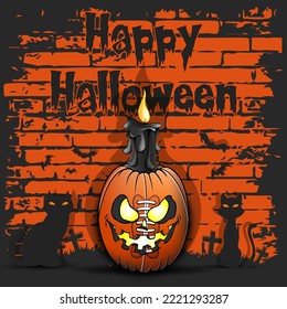 Happy Halloween. Football ball in the form of a pumpkin with a candle and cats against the background of bricks. Pattern for banner, poster, greeting card, invitation. Vector illustration 