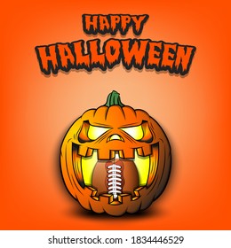 Happy Halloween. Football ball inside frightening pumpkin. The pumpkin swallowed the ball with burning eyes. Design template for banner, poster, greeting card, party invitation. Vector illustration