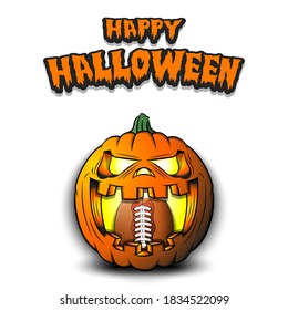 Happy Halloween. Football ball inside frightening pumpkin. The pumpkin swallowed the ball with burning eyes. Design template for banner, poster, greeting card, party invitation. Vector illustration
