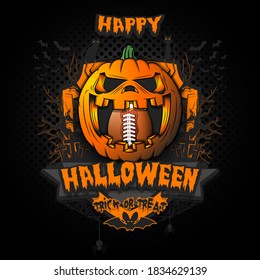 Happy Halloween. Football ball inside frightening pumpkin. Cats, bats, spiders, trees, crosses. Design template for banner, poster, greeting card, flyer, party invitation. Vector illustration