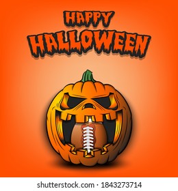 Happy Halloween. Football ball inside frightening pumpkin. The pumpkin swallowed the ball with burning eyes. Design template for banner, poster, greeting card, party invitation. Vector illustration