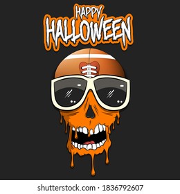 Happy Halloween. Football ball with skull in sunglasses with paint. Graffiti illustration of football ball with skull on isolated background. Skull art image. Vector illustration