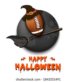 Happy Halloween. Football ball with witch hat on a broomstick against the background of the moon. Pattern for banner, poster, greeting card, flyer, party invitation. Vector illustration