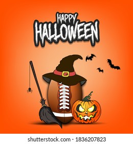 Happy Halloween. Football template design. Football ball with witch hat, pumpkin, broom, spider and bat. Design pattern for banner, poster, greeting card, flyer, party invitation. Vector illustration