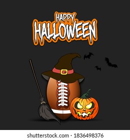 Happy Halloween. Football template design. Football ball with witch hat, pumpkin, broom, spider and bat. Design pattern for banner, poster, greeting card, flyer, party invitation. Vector illustration