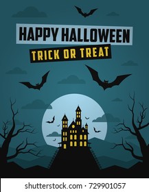 Happy Halloween Forest Mountain Castle Bats. Vector illustration.