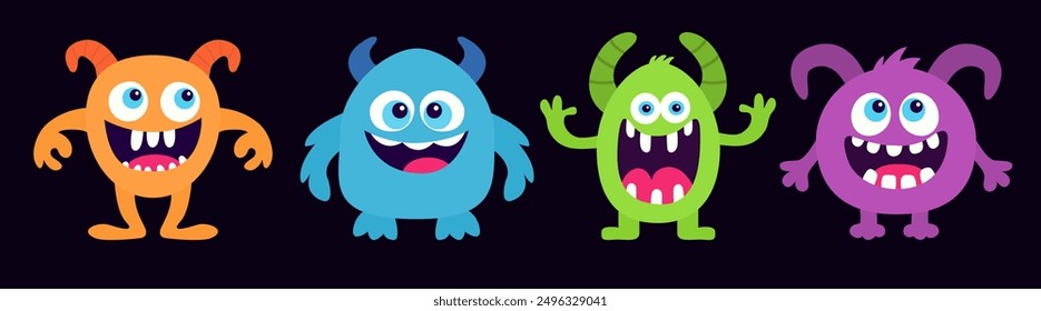 Happy Halloween. Four cute monster icon set line. Cartoon kawaii funny baby character. Eyes, horns, fang teeth. Childish style. Colorful silhouette. Sticker print. Flat design. Black background Vector