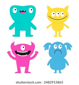 Happy Halloween. Four monster set. Cute cartoon kawaii funny boo character. Colorful silhouette monsters. Different face. Teeth, eyes, horns, hands. Childish style. White background Flat design Vector