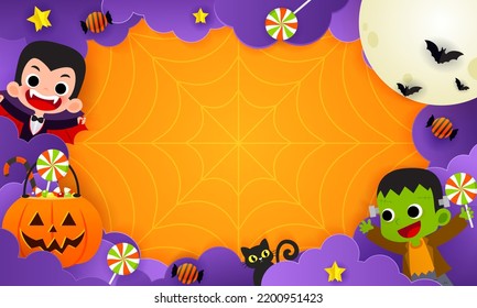 Happy Halloween frame Background Vector illustration. Kids in Halloween costume and candy basket in the clouds