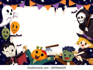 Happy Halloween frame banner or party invitation background pumpkin, dracula, witch and undead character in flat style. Photo frame flag with deathly and ghost in poster. Place text in frame