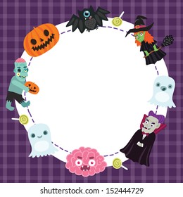 Happy Halloween frame with bat, witch, ghost, dracula, brain, zombie, pumpkin and lollipop. Halloween background