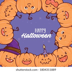 happy halloween, frame of cute pumpkins with candle and hat witch vector illustration design