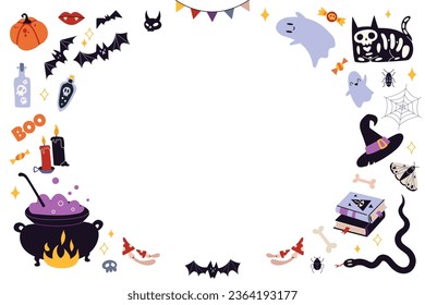 Happy Halloween frame with decoration carnival elements. Mystical magic clip art, cartoon style. Trendy modern vector illustration on white background, hand drawn, flat design