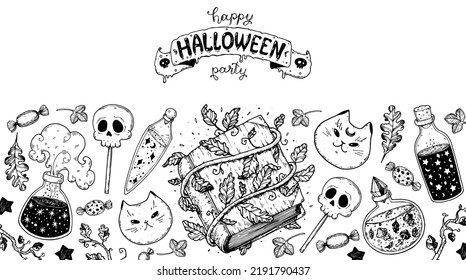 Happy Halloween frame. Hand drawn vector illustration. Halloween decoration design template. Potion, spell book, potion, skull candy, autumn leaf sketch. Doodle collection.