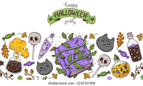 Happy Halloween frame. Hand drawn vector illustration. Halloween decoration design template. Potion, spell book, potion, skull candy, autumn leaf. Cartoon style collection.