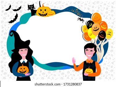 Happy Halloween. Frame isolated on White background. Celebration white background with pumpkin, cat, hat and place for your text.  Children who make a costume of Halloween. Kids party invitation. 