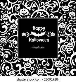 Happy Halloween! Frame isolated on black background. Celebration background with pumpkin and place for your text. Vector illustration 