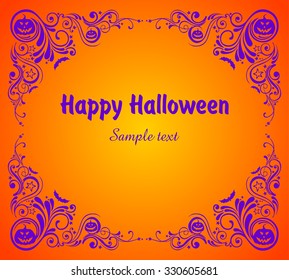 Happy Halloween! Frame isolated on orange background. Celebration background with bat and place for your text. Vector illustration 