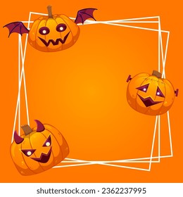 Happy Halloween frame template with pumpkins isolated on orange background. Colorful vector illustration in cartoon style.