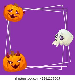 Happy Halloween frame template with pumpkins isolated on purple background. Colorful vector illustration in cartoon style.