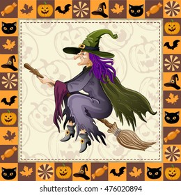 Happy Halloween frame with witches flying on broom