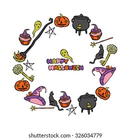 Happy Halloween. Frame - wreath. Witch's hat, cauldron witches and halloween pumpkin.