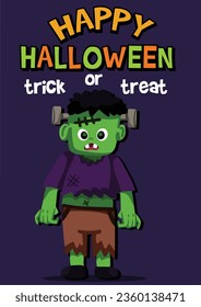 Happy Halloween frankenstein monster cartoon design, kawill spooky card trick or treat. 