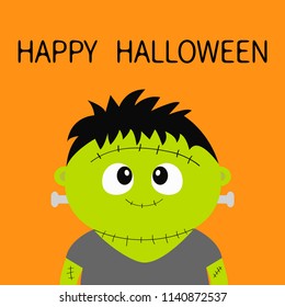 Happy Halloween. Frankenstein monster. Cute cartoon funny spooky baby character. Green head face. Greeting card. Flat design. Orange background. Isolated. Vector illustration