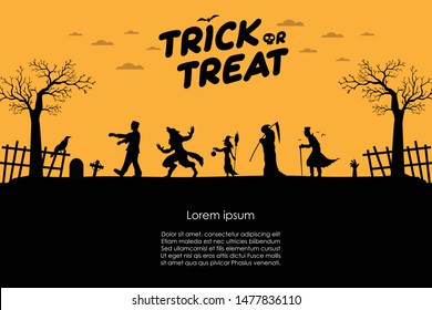 Happy Halloween. Frankenstein with werewolf, witch, angel of death, dracula walking silhouette go Trick or Treat. Design template and web for banner, poster, greeting card. Vector illustration