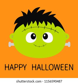 Happy Halloween. Frankenstein Zombie monster round face icon. Cute cartoon funny spooky baby character. Green head. Greeting card. Flat design. Orange background. Isolated. Vector illustration