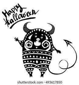 Happy Halloween, freehand lettering, fat demon isolated on white