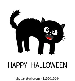 Happy Halloween. Frightened cat arch back. Screaming kitten. Hair fur stands on end. Eyes, fangs, moustaches whisker. Cute funny cartoon character. Isolated White background. Flat design. Vector
