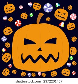 Happy Halloween, full of jack o' lanterns and candies on black background.