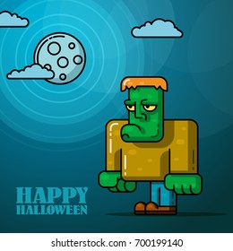 Happy Halloween full moon night card with Frankenstein. Vector
