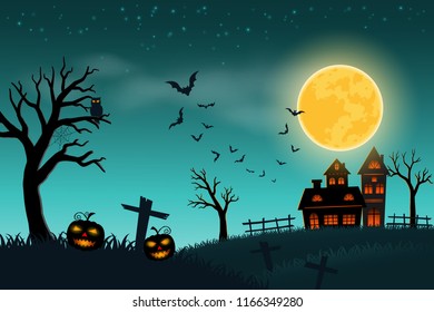 Happy Halloween with full moon on green background,pumpkins on scary old graveyard