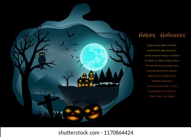 Happy Halloween with full moon on dark blue background and place for your text