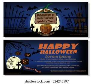 Happy Halloween. Full moon over the cemetery. Pumpkin with hat. Vector flyer template.