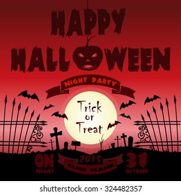 Happy Halloween. Full moon over the cemetery - red silhouette. Vector poster template.