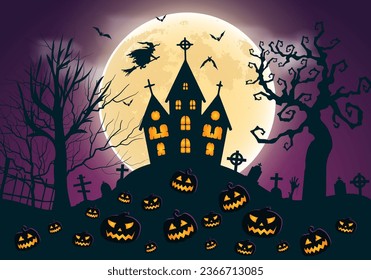 Happy halloween full moon violet background with cemetery pumpkins trees and hunted castle