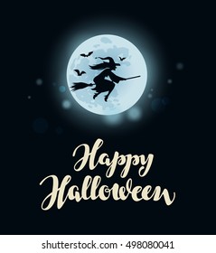 Happy Halloween. Full moon, witch flying on broomstick