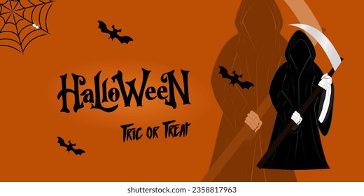 Happy Halloween fun party celebration background design. Halloween elements with grim reaper , bats,spider,spider web and pumpkins .Vector illustration.Place for text.