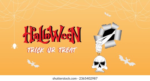 Happy Halloween fun party celebration background design. Halloween elements with bats,spider,spider web and grim reaper Head and hand.Vector illustration.Place for text.