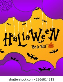 Happy Halloween fun party celebration poster design. Halloween elements with  night clouds,bats,spider web and pumpkins .Vector illustration.Place for text.