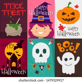 Happy Halloween Fun Posters Set with Halloween Symbols. Vector Illustration.