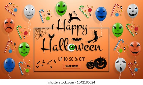 Happy Halloween. Fun template for sale promotion and advertising card, flyer, poster, banner. Decorated with Halloween elements: scary air balloons, treats, bats, pumpkins and framed sale message.